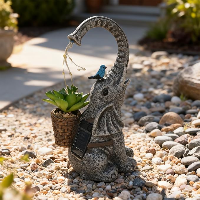 Solar Powered Garden Statue with LED Lights, Grey Stone Resin Elephant Planter, Decorative Outdoor Sculpture with Birds and Succulents,for Balcony, Garden, Patio, Yard, Lawn(Gray)