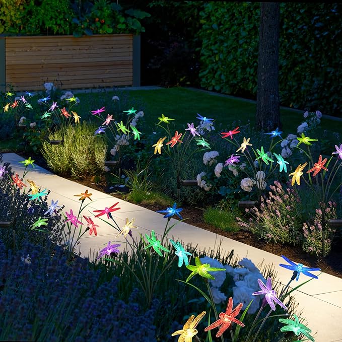 2PCS Outdoor Solar Lights, Waterproof Solar Lights Outdoor Pathway, Solar-Powered Garden Swing Dragonfly Decorative Lights for Yard Balcony Flower Bed, Gardening Gift for Plant Lovers