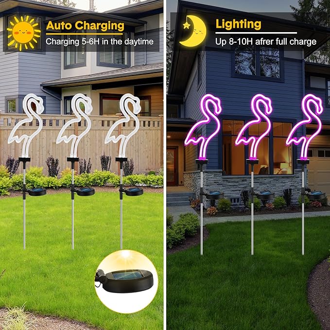 Retisee 6 Pcs Flamingo Solar Stake Lights Pink Flamingo Outdoor Lights Bulk Neon Lights Decoration LED Solar Powered Lighting for Lawn, Garden, Flower Bed, Yard, Pathway