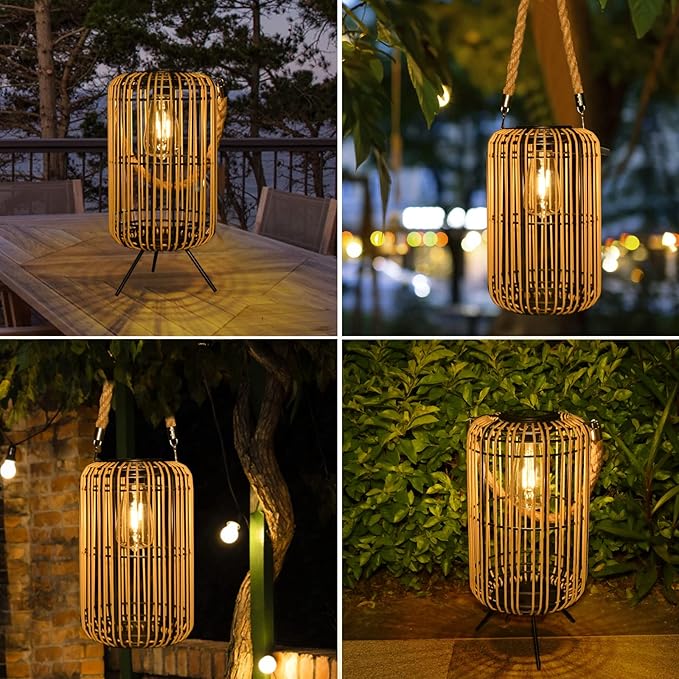 Livinlarge Solar Lantern Outdoor Waterproof,Large Rattan Lantern Outdoor Hanging with Handle,Bright Solar Lights | Lumora