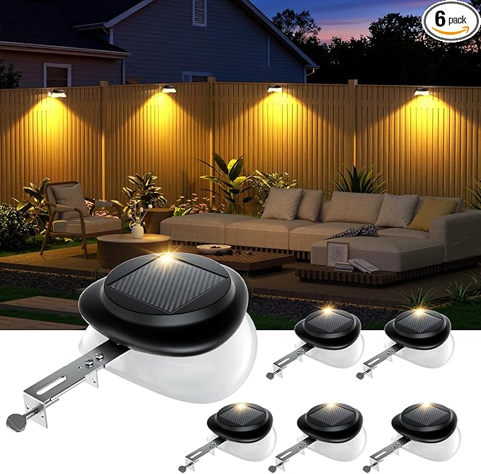 ROSHWEY Outdoor Fence Lights, 6 Pack Solar Gutter Lights with 9 LED Waterproof for Eaves Garden Garage Porch Stairs Wall 2 Installations Methods, Black Lampshade (Warm White)