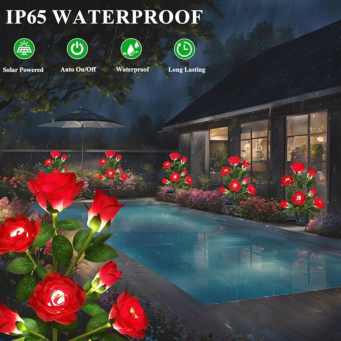 DWH 1 Pack Solar Garden Lights Outdoor, 7-Flower Rose Solar Lights for Yard, LED Solar Powered Stake Lights for Patio Pathway Lawn Fence Cemetery, Red