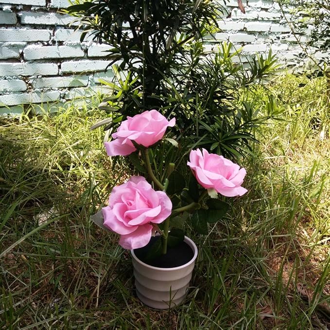 LED Solar Power Decorative Artificial Rose Flower Pot Plant Landscape Light Night Lamp Outdoor Garden Yard Pathway Lawn Grassland Pink