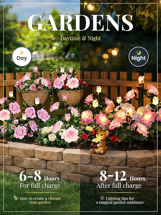 GIGALUMI Solar Lights Outdoor for Garden Decor, 4 Pack Solar Flower Lights Waterproof, 2 Lighting Modes 12 Rose Flowers for Pathway,Yard, Patio Decoration, Gardening Gifts for Women (Pink+Purple)