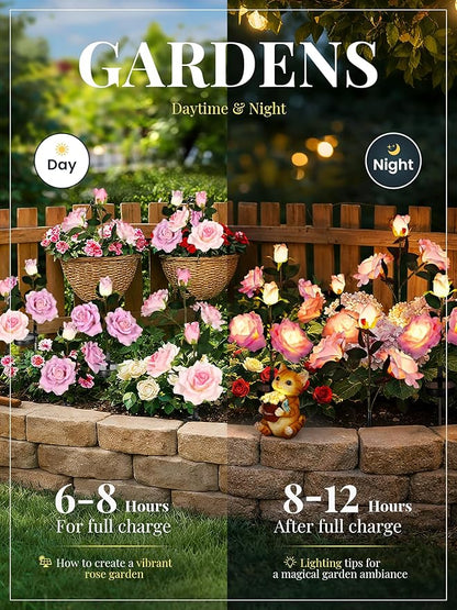 GIGALUMI Solar Lights Outdoor for Garden Decor, 4 Pack Solar Flower Lights Waterproof, 2 Lighting Modes 12 Rose Flowers for Pathway,Yard, Patio Decoration, Gardening Gifts for Women (Pink+Purple)