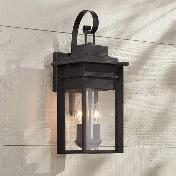 Franklin Iron Works Bransford Traditional Rustic Outdoor Wall Light Fixture Lantern Black Specked Gray 17" Clear | Lumora