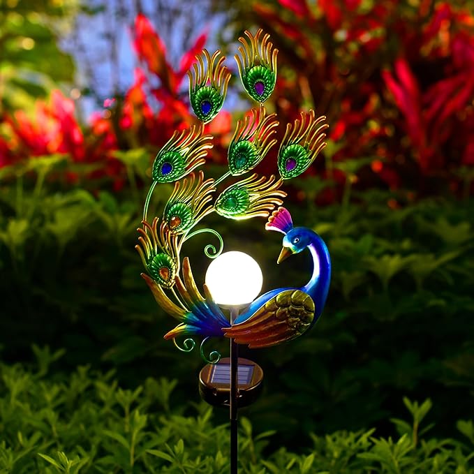 ARTER Solar Garden Stake Light, 50 Inches Tall Metal Peacock Outdoor Waterproof Decorative Solar Pathway Light with Bling Bling Jewels, LED Landscape Light for Yard Patio Lawn Poolside (Pack of 1)