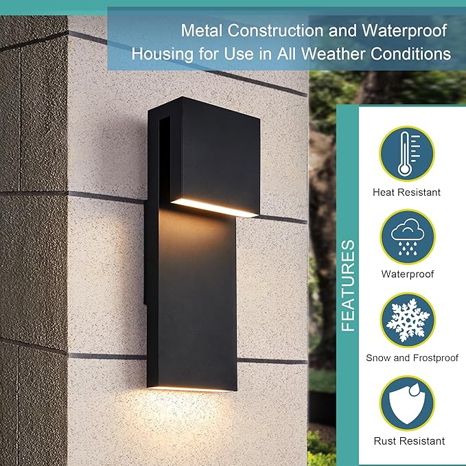 Modern Porch Lights with 2 Pack,Outdoor Indoor Integrated LED Wall Lights,2-Light Total 17W,3000K, Textured Black Finish,Outside Lights Waterproof for House Front Door Patio Garage