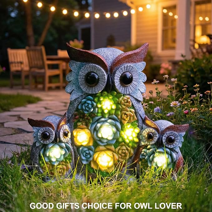 Solar Garden Statue Owl Decor – Cute Owl Family Figurines with LED Succulent Lights, Waterproof Outdoor Yard Art | Lumora