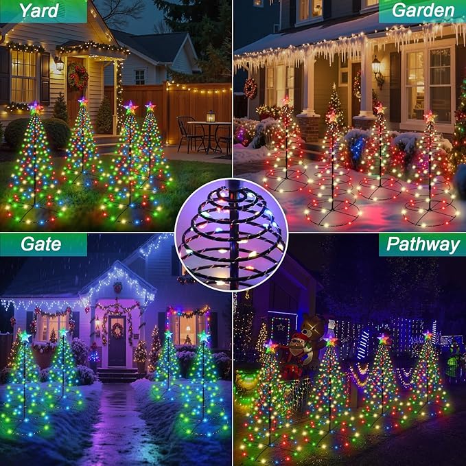 4 Pack Solar Spiral Christmas Tree Lights Outdoor, 32inch 270LEDs Christmas Pathway Light with 8 Modes, Auto On/Off, IP65 Waterproof, Timer & Memory Function for Yard Garden Christmas Decorations