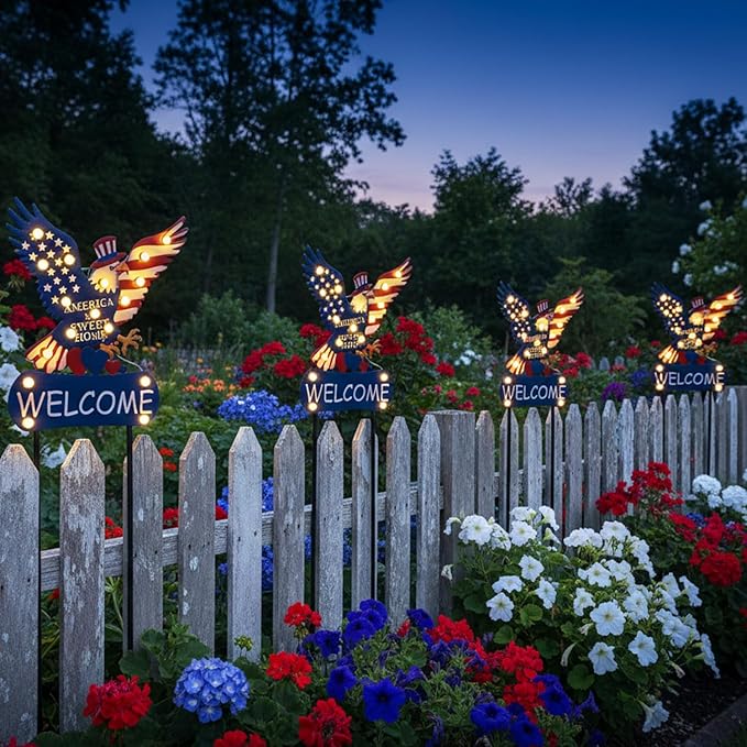 Solar Garden Lights Outdoor Patriotic Decor Eagle Garden Stakes with 17 String Light Bulbs and Welcome Sign for Yard, Fourth of July Decorations for Memorial Day Solar Landscape Lights 46"