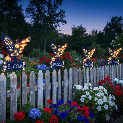 Solar Garden Lights Outdoor Patriotic Decor Eagle Garden Stakes with 17 String Light Bulbs and Welcome Sign for Yard, Fourth of July Decorations for Memorial Day Solar Landscape Lights 46"
