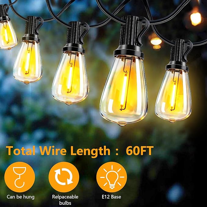 60FT Solar String Lights, Weatherproof Solar Powered Patio Lights, 3 Light Modes with Remote & USB Port, 15 LED Shatterproof Bulbs, Dimmable, Timer for Camping Backyard Cafe,Black