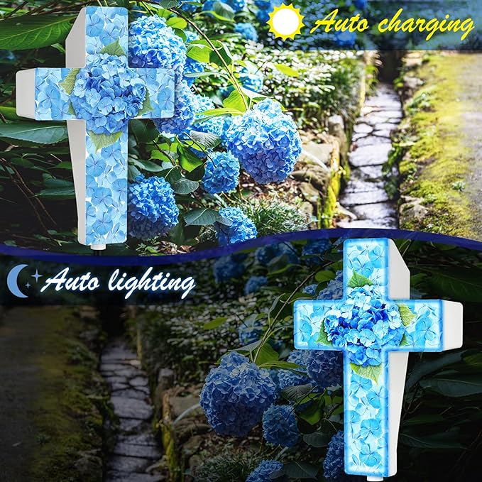 Yousoontic Hydrangea Solar Stake Light for Outdoor Memorial Hydrangea Garden Cross Stake Light for Grave Cemetery Blue Flower Solar Cross Garden Decor for Home Patio Yard Pathway Lawn Decoration
