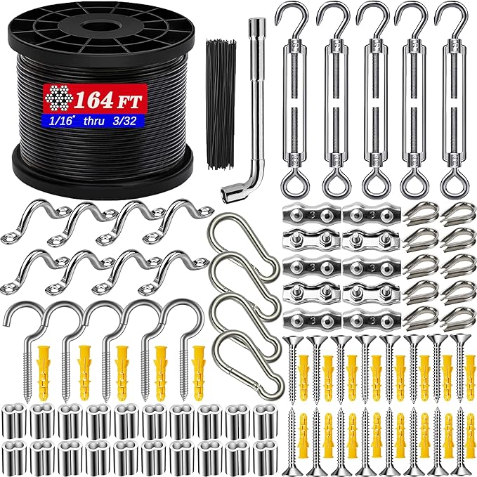 164FT Outdoor String Light Hanging Kit - Heavy Duty Black Vinyl-Coated Stainless Steel Wire Rope with Turnbuckles | Lumora