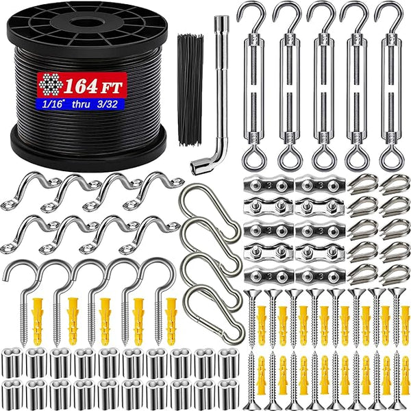 164FT Outdoor String Light Hanging Kit - Heavy Duty Black Vinyl-Coated Stainless Steel Wire Rope with Turnbuckles | Lumora