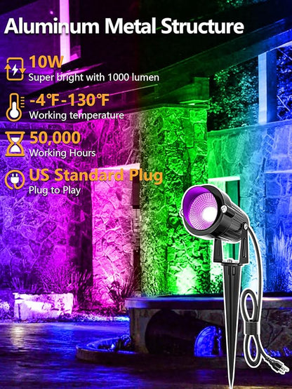 ZUCKEO Christmas Spotlights LED Outdoor Spot Lights for Yard, 10W RGB Landscape Lights Color Changing, 120V Waterproof Spotlight with Plug & Remote for House Garden Path Tree Decoration(2Pack)