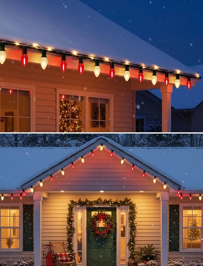 Red and White Christmas Lights Outdoor,25ft C7 LED Christmas Lights with 27 Transparent Red and Frosted White Bulbs,Connectable Vintage Light for Patio Xmas Garden Party Holiday Decor