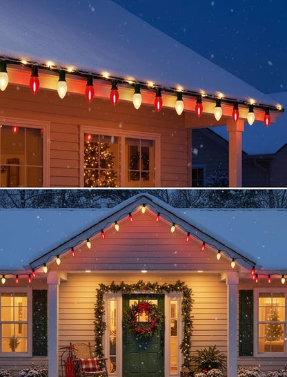 Red and White Christmas Lights Outdoor,25ft C7 LED Christmas Lights with 27 Transparent Red and Frosted White Bulbs,Connectable Vintage Light for Patio Xmas Garden Party Holiday Decor