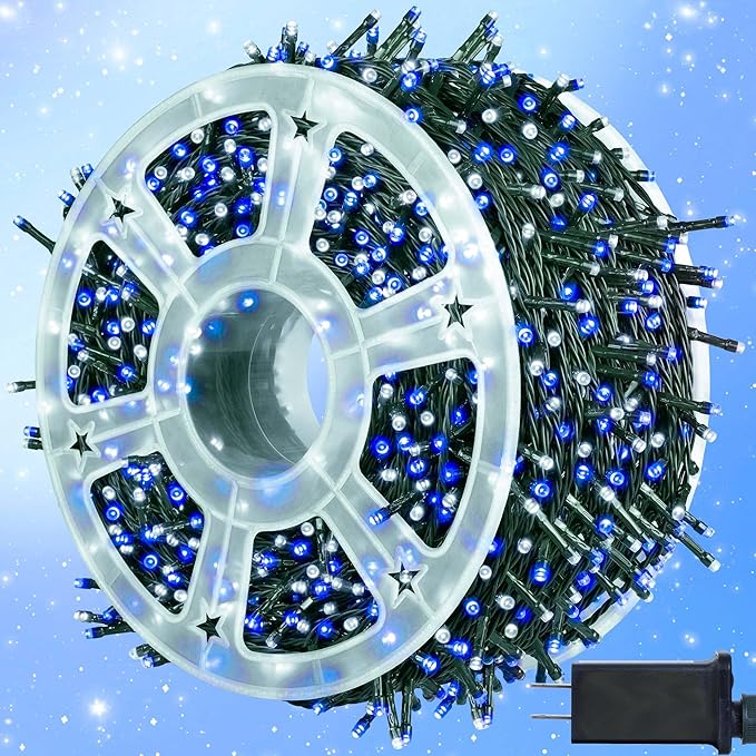 kemooie 500 LED Blue and White Christmas Lights, 164FT 8 Lighting Mode with Memory Plug in Christmas Tree Lights, for Outdoor Birthday Christmas Party Garden Balcony Decorations (Blue and White)