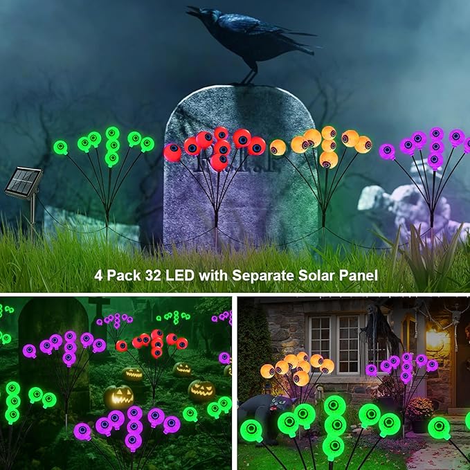 Halloween Solar Eyeball Lights Outdoor Waterproof 4 Pack 32 LED Scary Spooky Eyeballs Light 8 Mode Solar Garden Lights for Yard Path Party Decor Halloween Decorations (Green+Red+Purple+Orange)