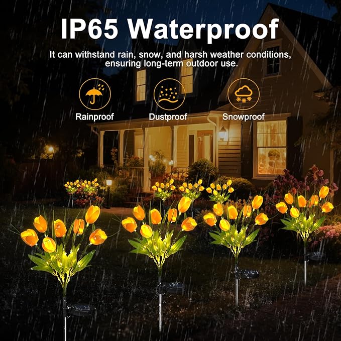 Aolyty Solar Garden Lights Outdoor, Solar Tulip Lights 2 Pack with 14 Tulip Flowers, IP65 Waterproof LED Stake Light for Pathway Patio Yard Landscape Decorative (Yellow)