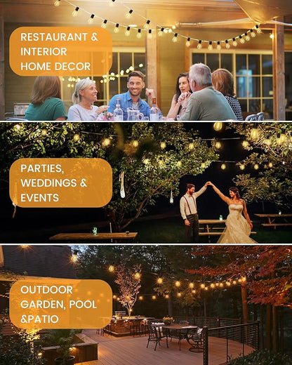 Torkase 60FT Solar Outdoor String Lights, 18+1 Shatterproof LED Bulbs, Waterproof, USB Rechargeable, 2200K Warm White, Energy-Saving Hanging Patio Lights for Garden, Porch, Bistro, Deck, Camping
