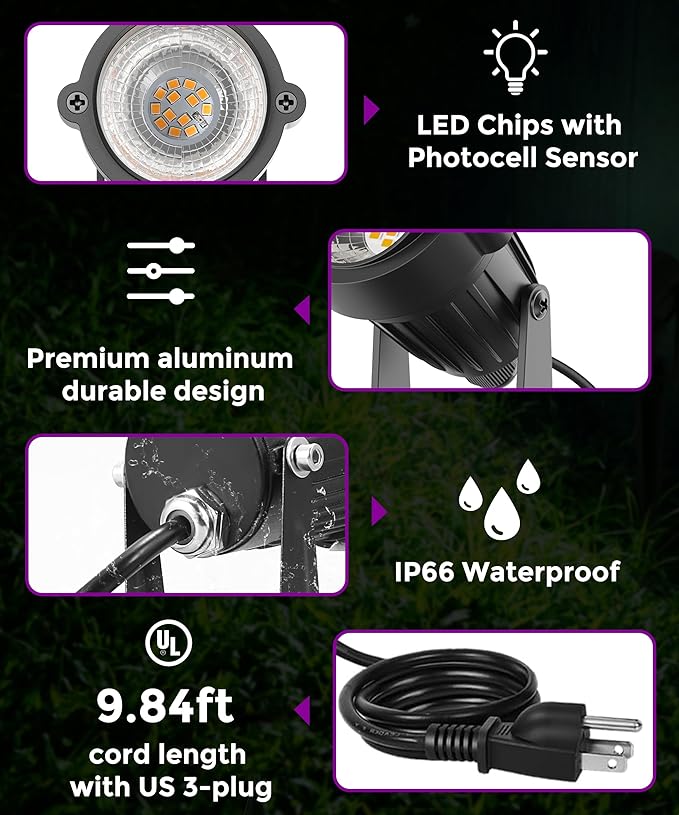 L LOHAS LED Halloween Purple Light, Spot Lights Outdoor, 10W Dusk to Dawn Sensor LED Spotlights for Yard, IP66 Waterproof Pathway Outside Lights, 9.84-ft Cord, Lawn Decor Lamp, UL Listed,2 Pack