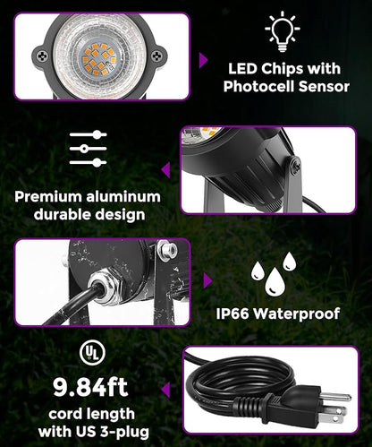L LOHAS LED Halloween Purple Light, Spot Lights Outdoor, 10W Dusk to Dawn Sensor LED Spotlights for Yard, IP66 Waterproof Pathway Outside Lights, 9.84-ft Cord, Lawn Decor Lamp, UL Listed,2 Pack