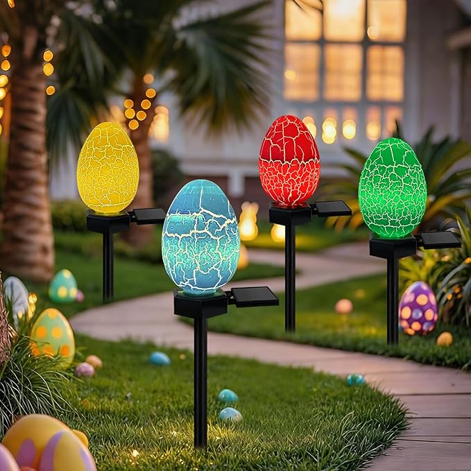 4 Pack Solar Easter Egg Lights Outdoor, Waterproof Solar Easter Yard Decorations Outdoor Easters Yard Stakes Lights for Outside Lawn Walkway Patio Cemetery Grave (Red/Yellow/Green/Blue)