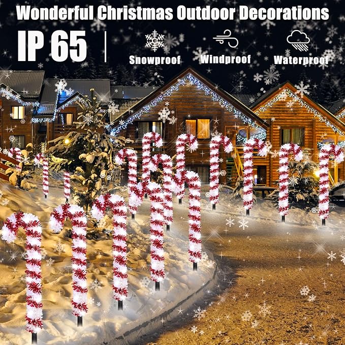 10 Pack Christmas Candy Cane Lights, 15 inch Tinsel Christmas Candy Cane Pathway Lights with 8 Modes & Timer for | Lumora