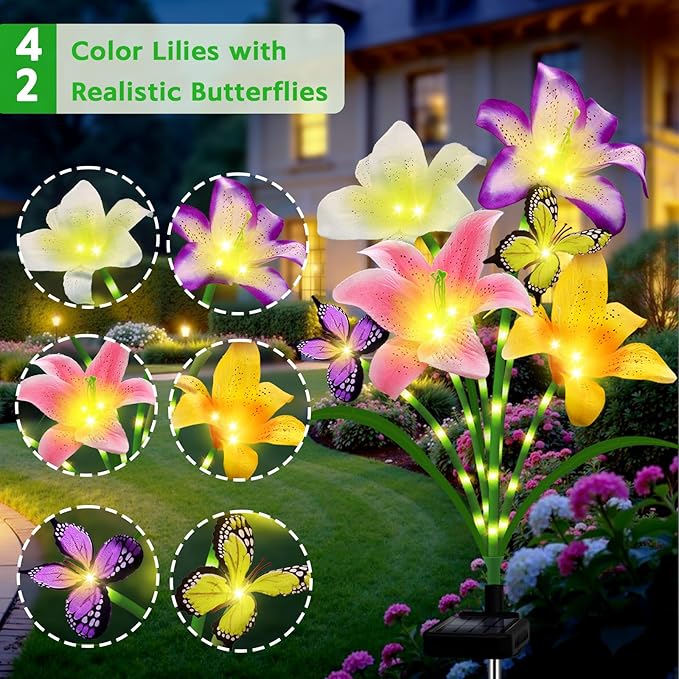 Solar Garden Lights 2 Pack 8 Lily Flowers with Butterfly Decor,Gifts for Mom Woman Birthday Solar Flower Lights for | Lumora