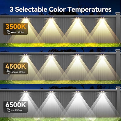TECKNET Solar Fence Lights Outdoor 6 Pack, 3 Modes 3500K/4500K/6500K, IP66 Waterproof LED Deck Light, Dusk to Dawn Fence Lights Solar for Wall, Railing, Step, Patio, Pool, Backyard, Outside