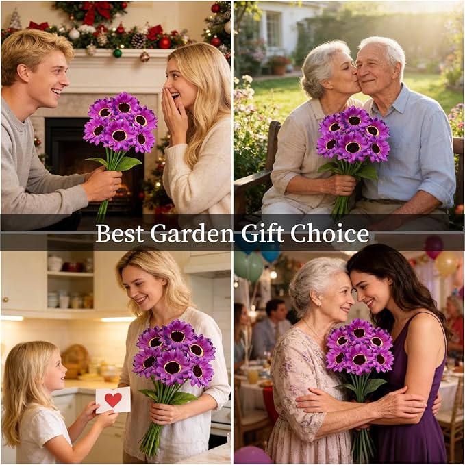 Solar Garden Lights Outdoor, 6 Pack Solar Purple Sunflower Lights with 18 Head 3.4 Inch Flowers, Waterproof Flowers Light Fall Decor Auto ON/Off for Garden Yard Patio Backyard, Gifts for Mom Women