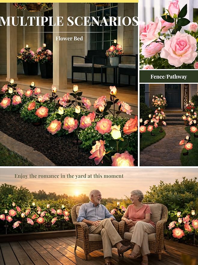 GIGALUMI Solar Lights Outdoor for Garden Decor, 3 Pack Solar Flower Lights Waterproof, 2 Lighting Modes 9 Rose Flowers for Pathway,Yard, Patio Decoration, Gardening Gifts for Women (Pink)