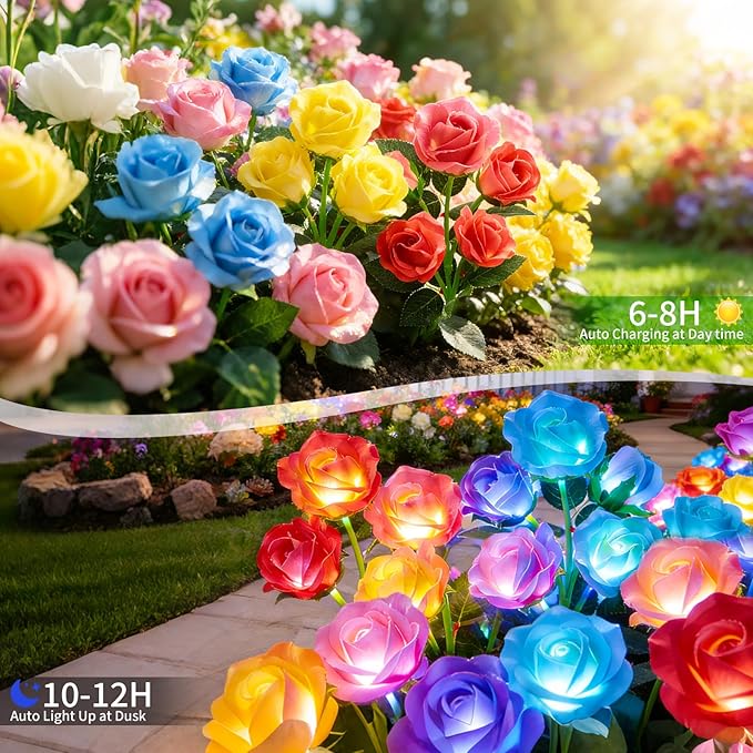 ANGMLN Solar Garden Lights, 6 Pack Solar Flower Lights Outdoor Waterproof with 30 Head Realistic Rose 7-Color Changing Landscape Light for Garden Yard Pathway Patio Grave Cemetery Decoration
