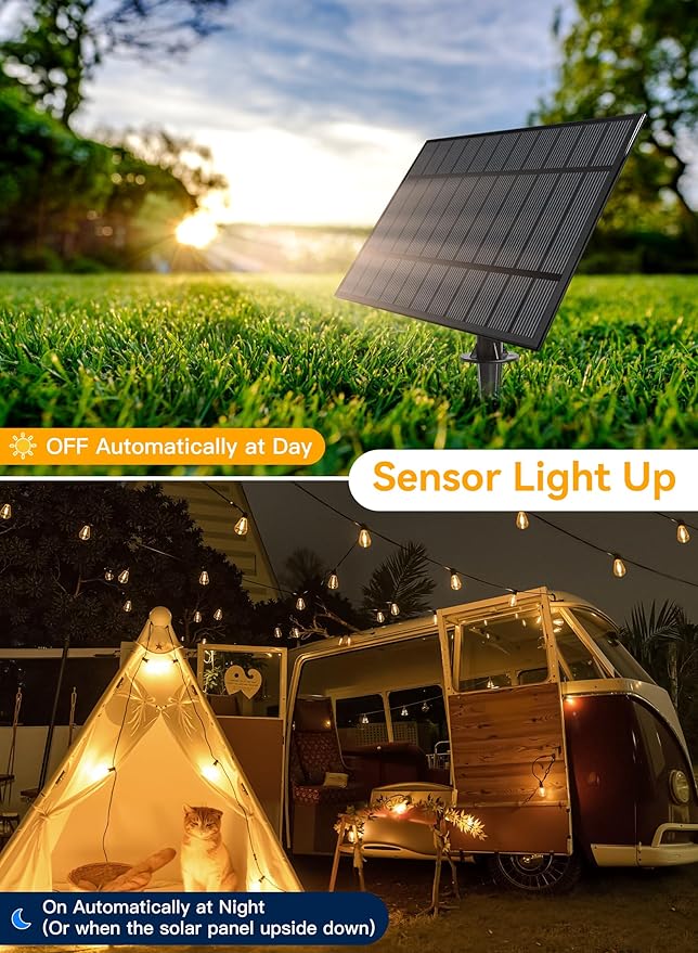 Ollny 15+1 LEDs ST38 Solar String Lights, 30 FT USB & Solar Dual Charging Outdoor String Lights, 3 Modes 5 Timers 10 Brightness 2200K Waterproof Patio Lights for Porch Garden Market Bistro Camping