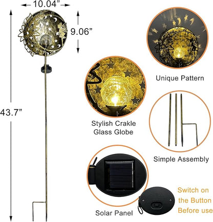 Fairy Solar Light Outdoor Decoration Garden Hollow Carving Sun Flowers Crackle Glass Ball Metal Stake for Pathway Patio Lawn Yard Mother Gift (Floral Fairy), Antique Brass