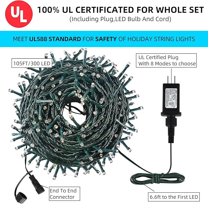 105FT 300LEDs Christmas Lights Outdoor Indoor String Lights 8 Modes Memory Function for Christmas Tree Party | Lumora