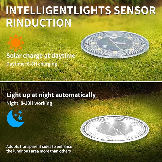 Ground Lights 12 Pack, IP68 Waterproof Solar Disc Lights for Outdoor, Flat Garden Light, In-Ground Light, Landscape | Lumora