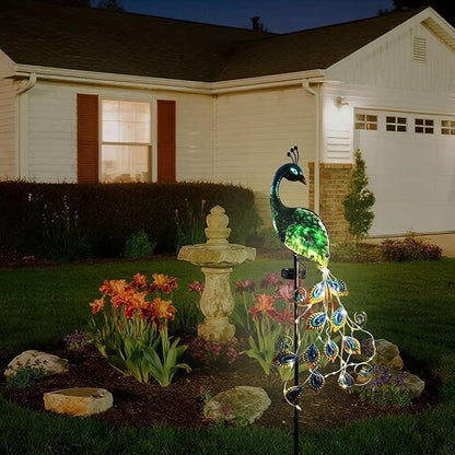 Solar Peacock Garden Stake Lights Outdoor, Waterproof Metal Glass Decorative Landscape Path Lights with Thick Stake Glow in The Dark Eye for Pathway Patio Lawn Yard