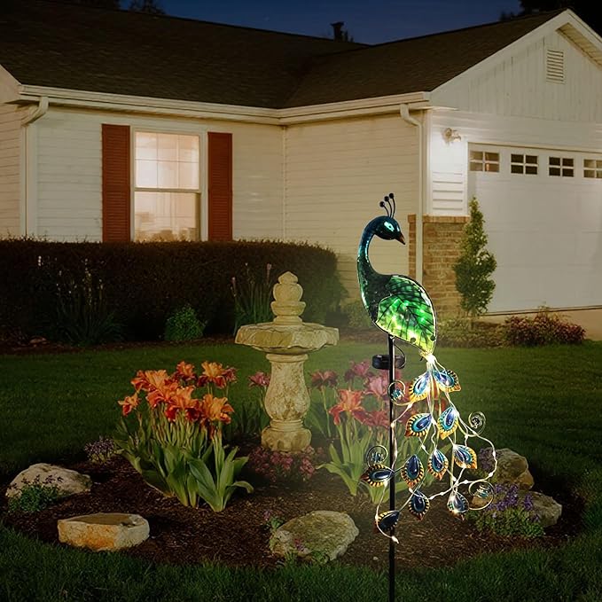 Solar Peacock + Moon Angel Garden Stake Lights Outdoor, Waterproof Metal Glass Decorative Landscape Path Lights with Stake Easy Install for Pathway Patio Lawn Yard