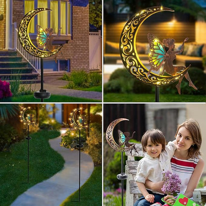 Bshine Moon Solar Light Outdoor Garden Decor,2 Pack Moon Fairy Garden Statue Decor,Metal Waterproof Light Stake for Patio, Path, Yard and Lawn Ornament, Housewarming Gift for Mom