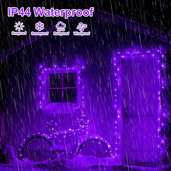 QITONG Purple Solar Christmas Lights, 2 Pack Each 66ft 200 LED Christmas String Lights Outdoor Waterproof, 8 Modes Green Wire Twinkle Lights for Outside