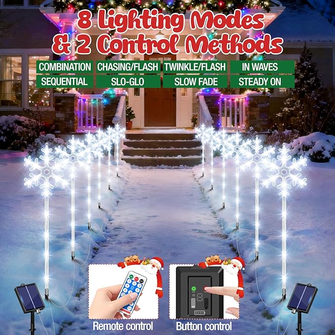 Solar Lights Outdoor Christmas Decorations 12 Pack - 192 LEDs Solar Christmas Snowflake Pathway Lights Outdoor with Remote & 8 Lighting Modes, Waterproof Xmas Lights for Garden Yard, Cool White