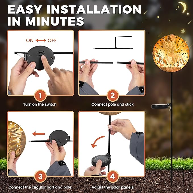 Fairy Garden Solar Lights Outdoor Disk Silhouette Stakes, Waterproof Outdoor Metal Decor Gifts for Women Mom, Art Cut-Out Disk Fairy Sculpture for Yard, Patio, Garden, Porch, 1 Pack