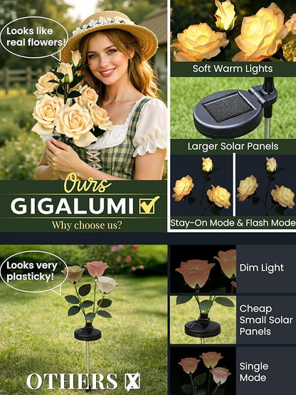 GIGALUMI Solar Lights Outdoor for Garden Decor, 3 Pack Solar Flower Lights Waterproof, 2 Lighting Modes 9 Rose Flowers for Pathway,Yard, Patio Decoration, Gardening Gifts for Women (Yellow)