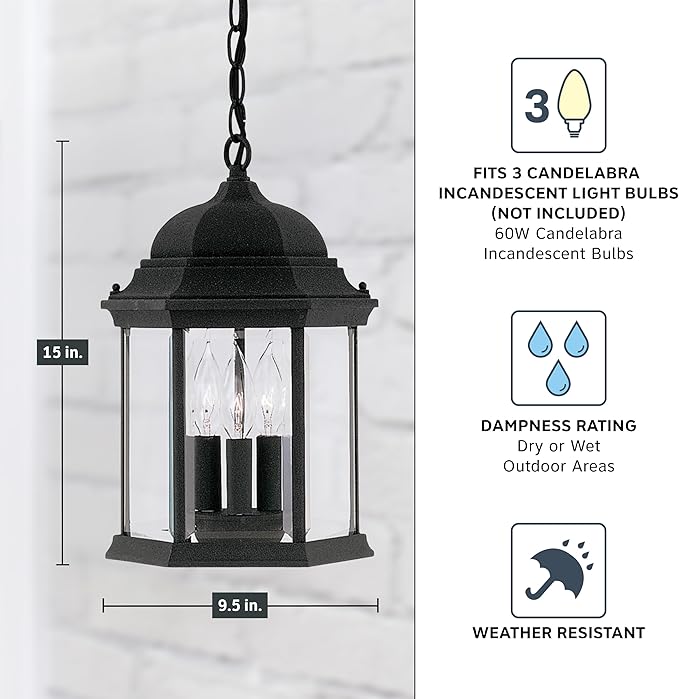 DESIGNERS FOUNTAIN 3-Light Devonshire Hanging Lamp, 10 Inch Outdoor Lantern Lighting Fixture, Clear Glass Lighting | Lumora
