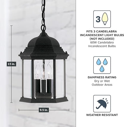 DESIGNERS FOUNTAIN 3-Light Devonshire Hanging Lamp, 10 Inch Outdoor Lantern Lighting Fixture, Clear Glass Lighting, Black, 2984-BK