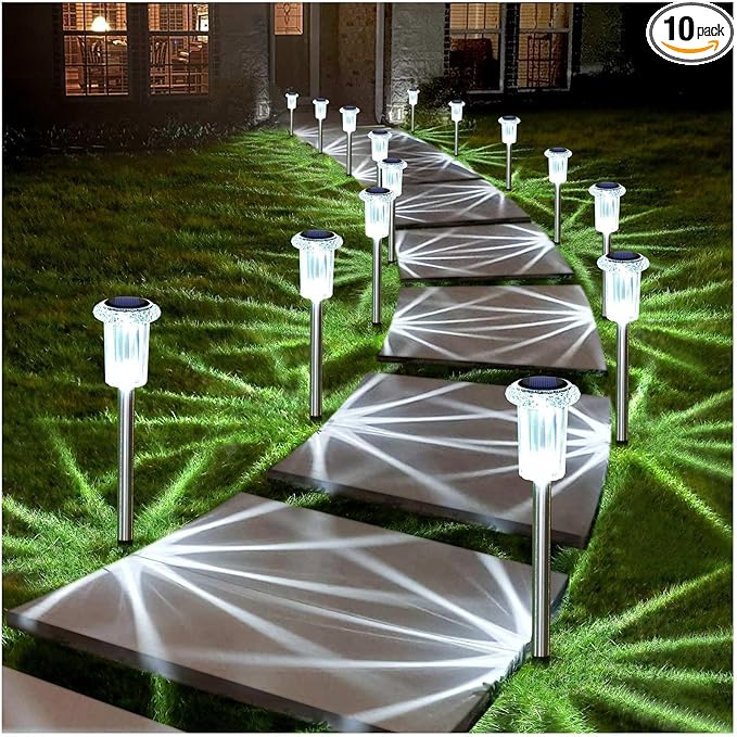 DenicMic Solar Lights Outdoor 10 Pack Waterproof 6000K Cold White LED Stainless Steel Stake Outside Lights for Yard | Lumora